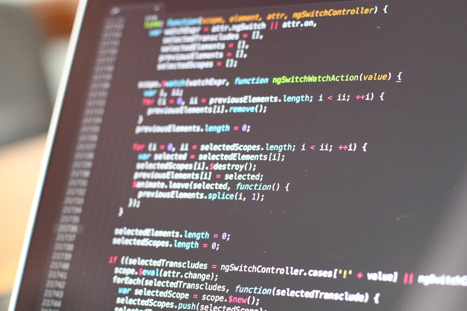 A computer screen displaying lines of colorful code in a text editor, with syntax highlighting in shades of pink, blue, yellow, and white. The code appears to be JavaScript, involving functions and lo
